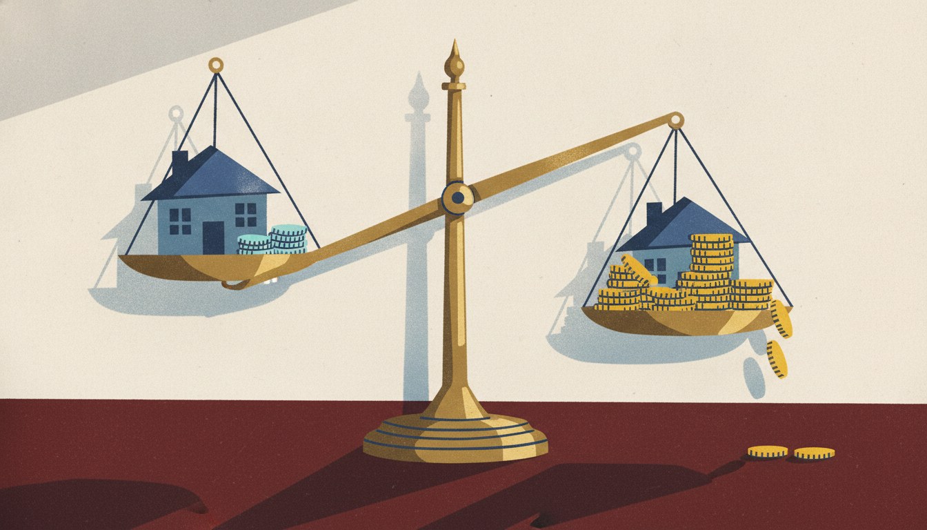 A brass balance scale tips steeply under two identical model houses, one weighed down by a massive pile of coins.