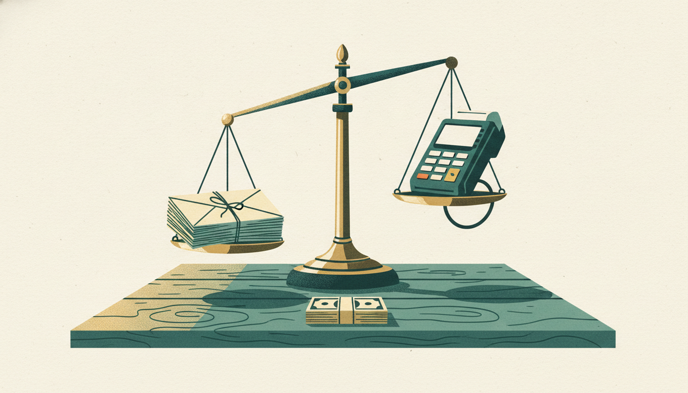 A brass scale balances a tied bundle of paper envelopes on one side against a card payment terminal on the other.