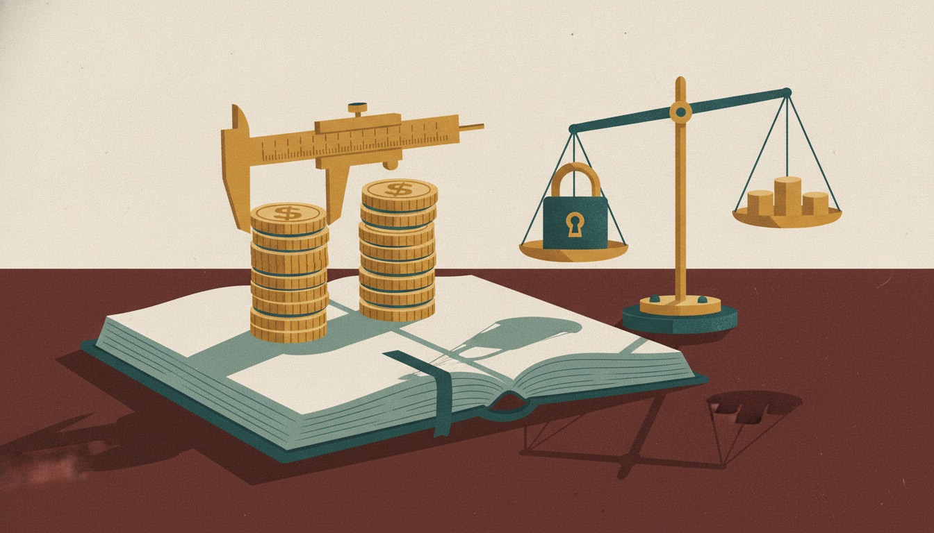 A brass caliper measures a stack of gold coins on an open ledger next to a small balance scale holding a padlock.