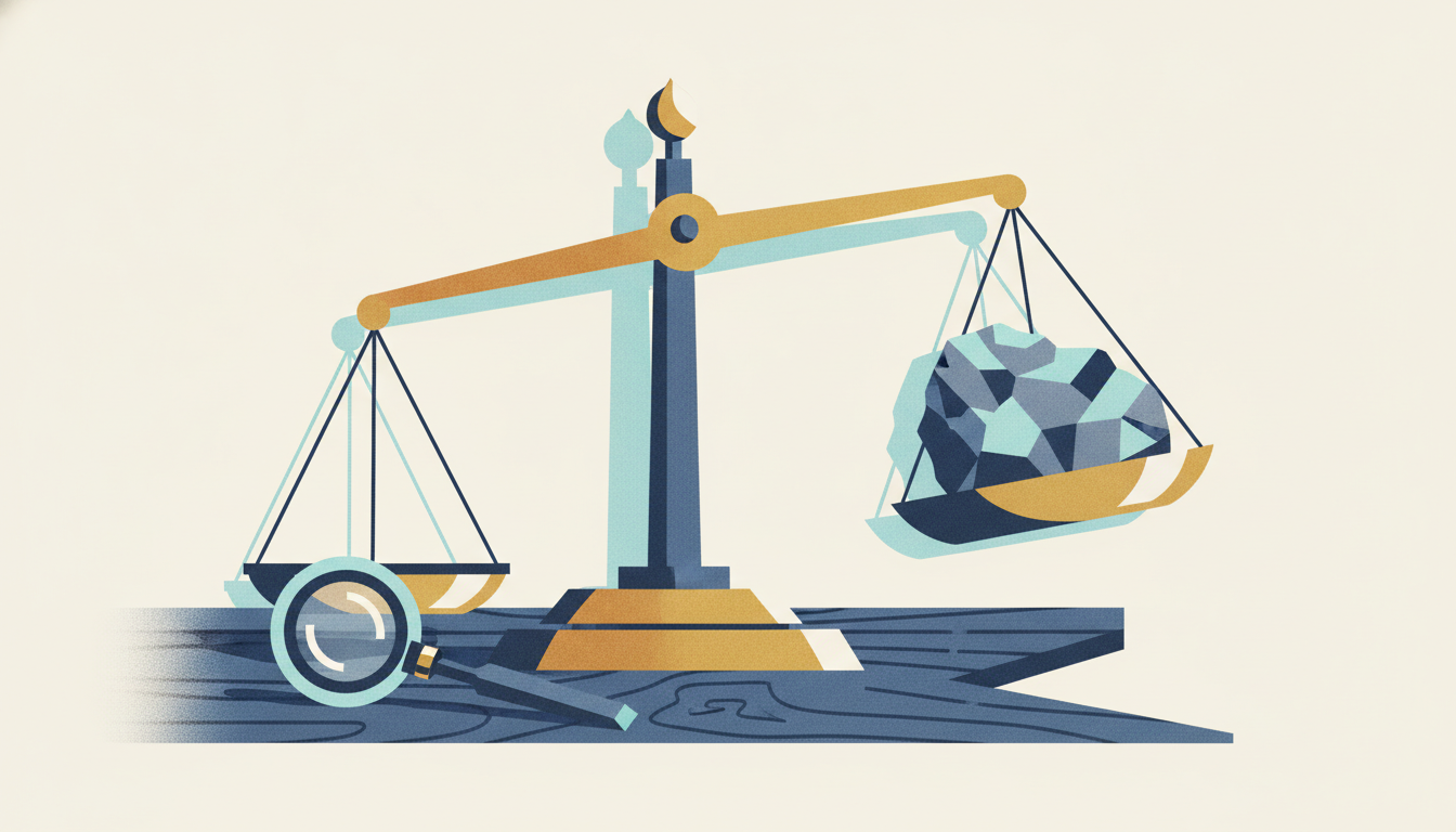 A chunk of raw titanium ore rests on a sharply tilted brass balance scale beside a steel chisel and loupe.