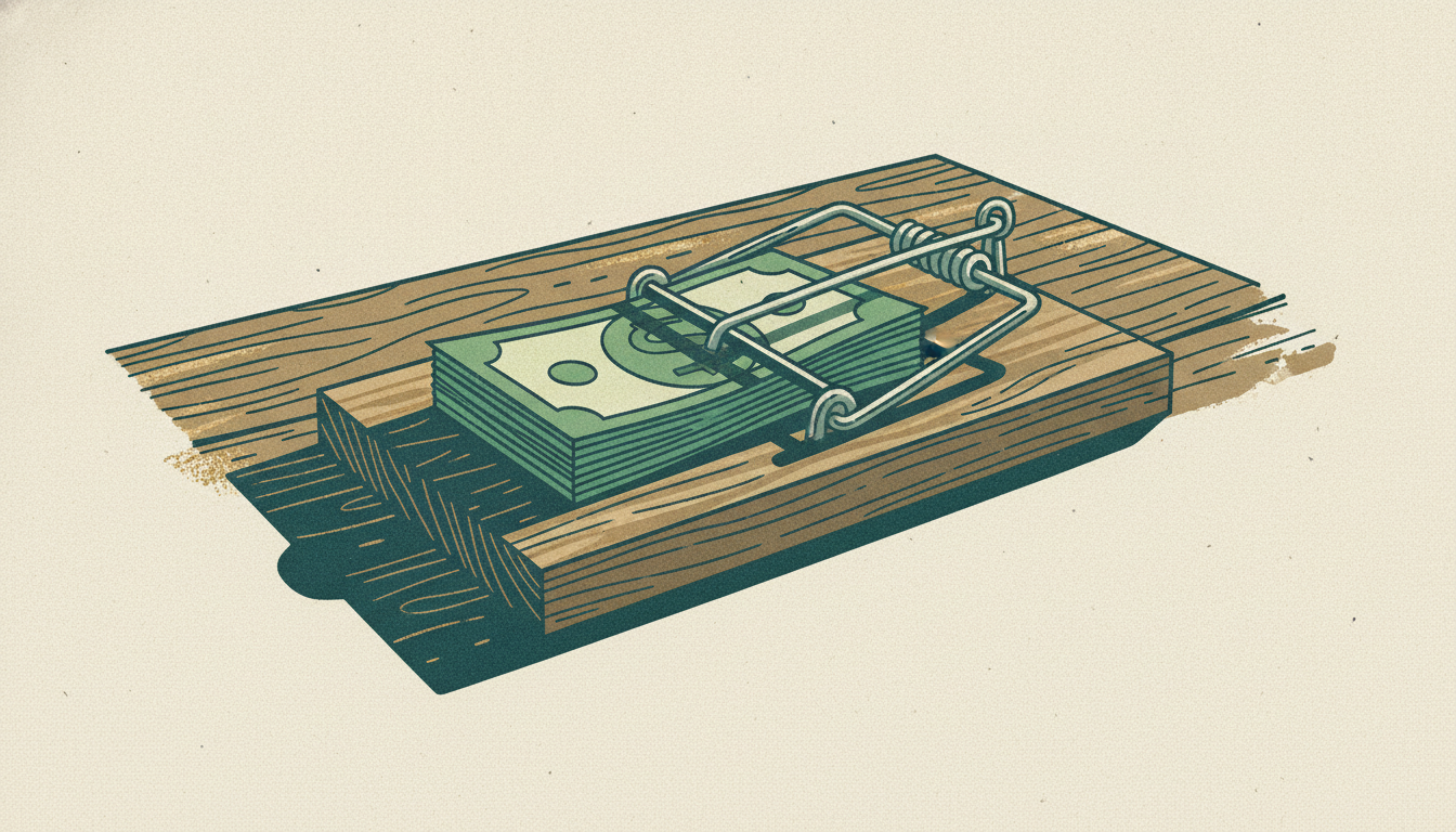 A wooden mousetrap baited with folded banknotes rests on a scratched counter under harsh lighting.