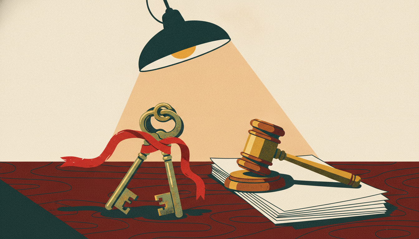 Two brass keys tied with red ribbon sit beside a heavy wooden gavel on a dark mahogany desk under a spotlight.