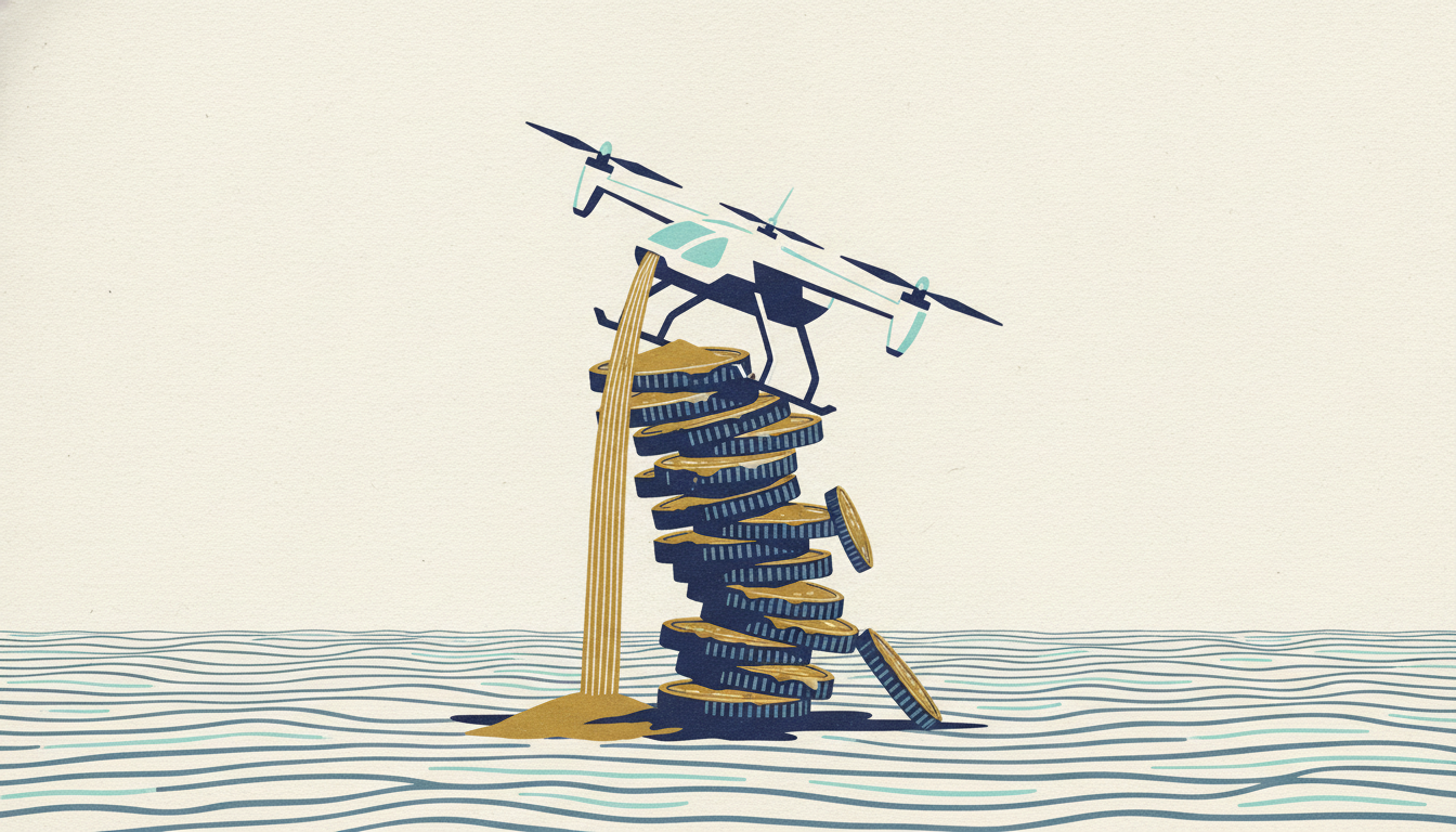 A miniature white electric aircraft balances atop a leaning stack of burnt coins on a sun-drenched desert plain.