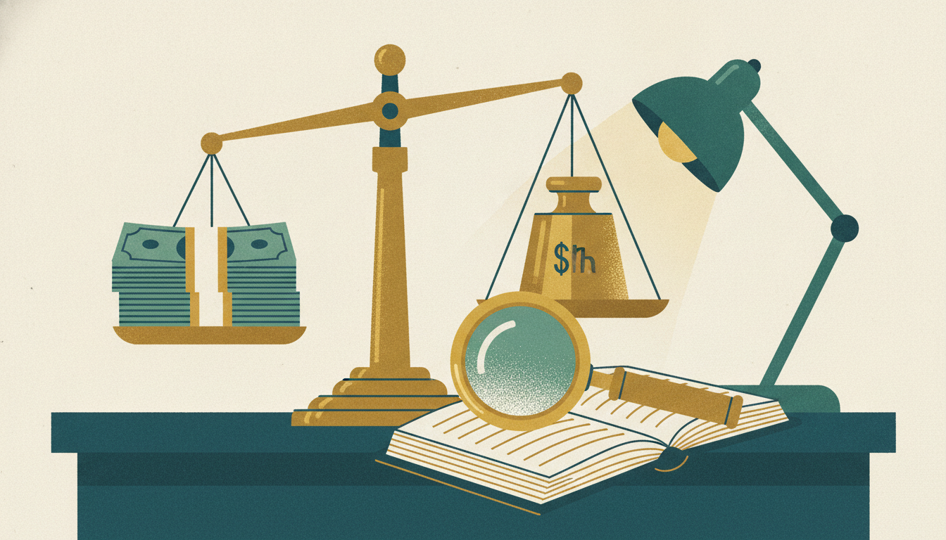 A brass balance scale weighs a thick stack of banded cash against a brass weight beside a magnifying loupe and ledger.