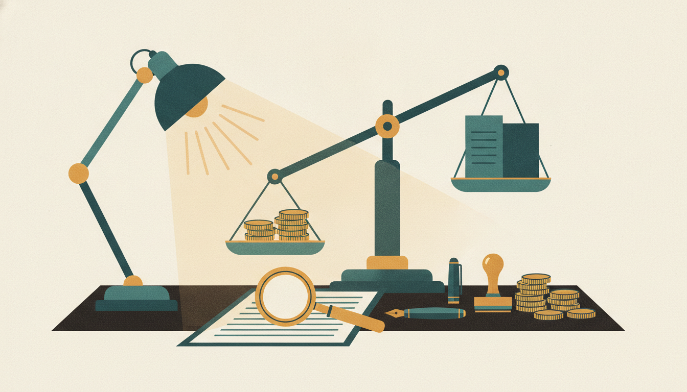 A thick paper contract rests under a brass magnifying glass beside a stack of coins on an oak desk.