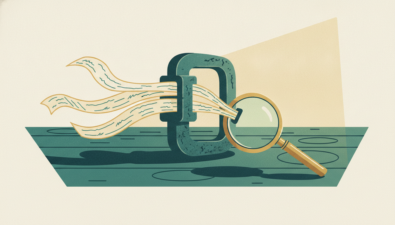 A heavy iron clamp binds several strips of paper into one on a wooden desk beside a brass magnifying glass.