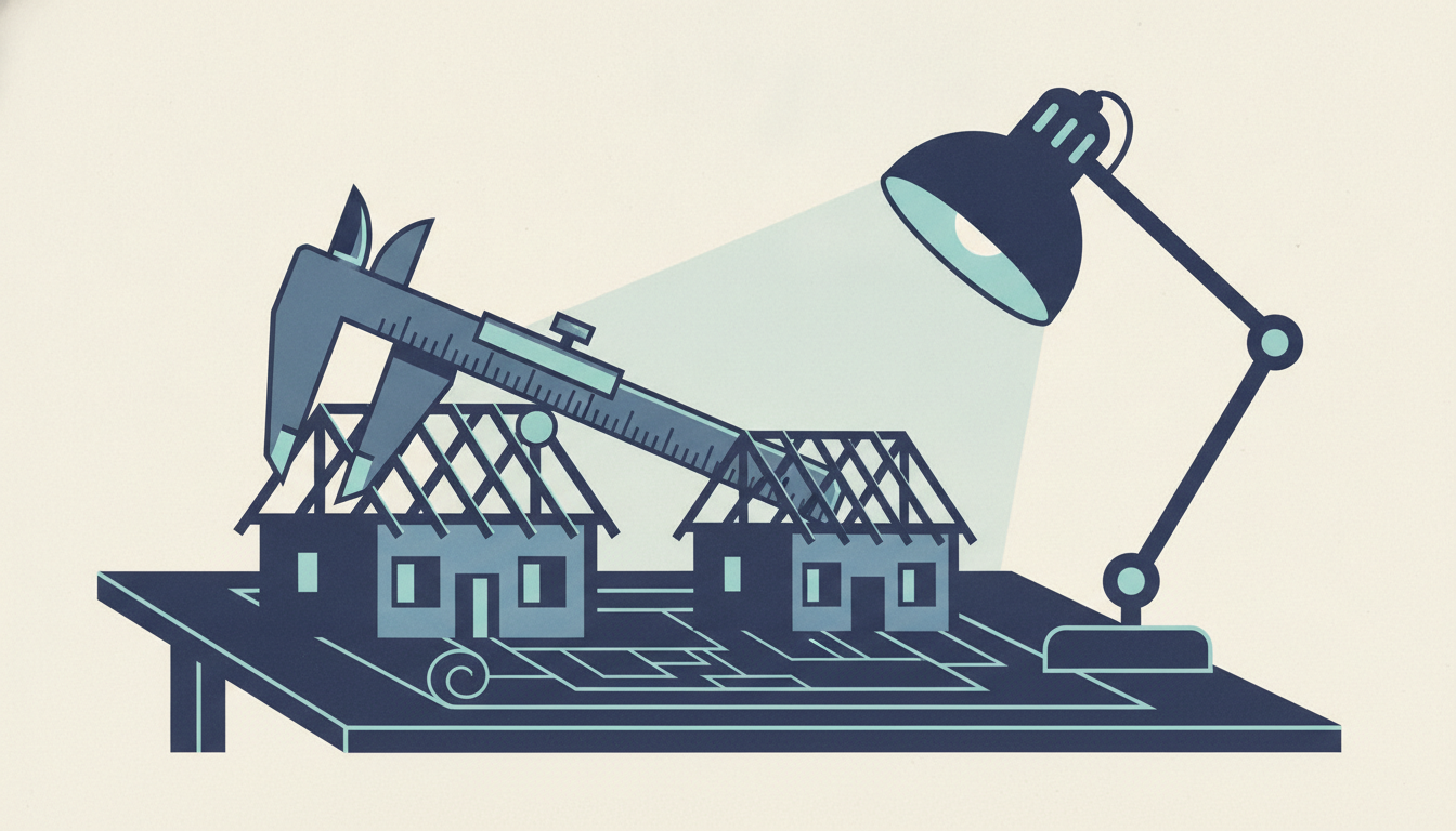 Two miniature wooden house frames sit on drafting blueprints beneath a brass caliper and an overhead lamp.