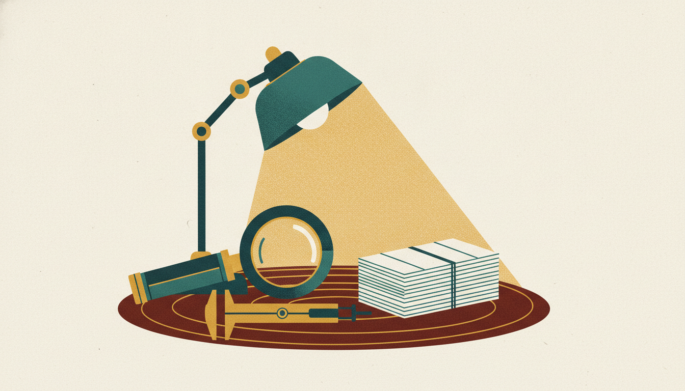 Brass calipers and a jeweler's loupe sit beside a tied stack of ledger papers under a banker's lamp.