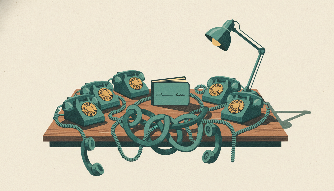 Tangled rotary telephones with off-hook receivers surround a lone business checkbook under a harsh desk lamp.