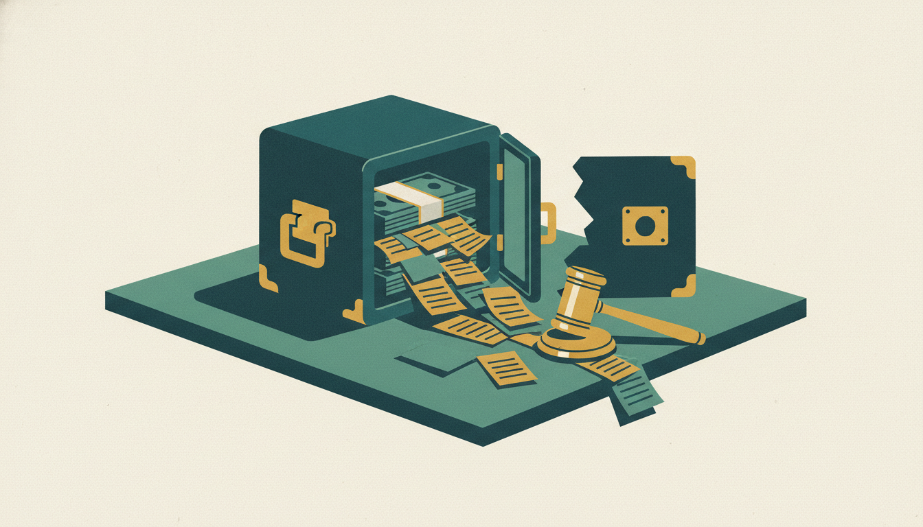 A steel lockbox with a broken rear panel spills loan papers beside a brass gavel on a dark wooden desk.