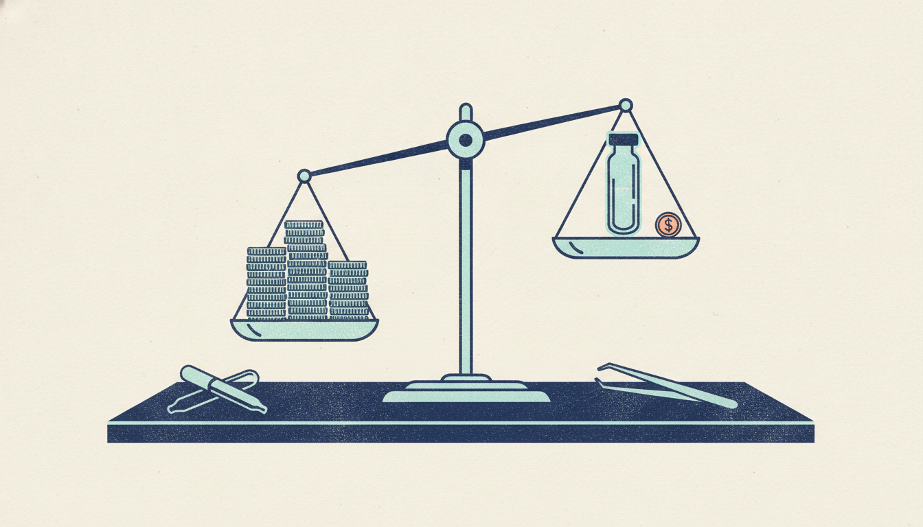 A brass balance scale tilts toward a stack of silver coins opposite a glass vial holding a lone penny.