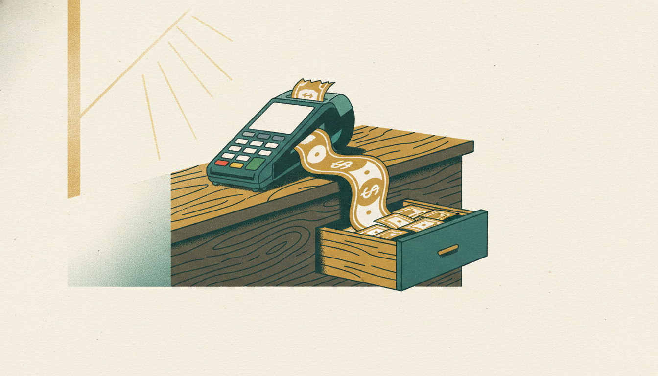 Banknotes emerge smoothly from the receipt slot of a card payment terminal into an open wooden cash drawer on a counter.