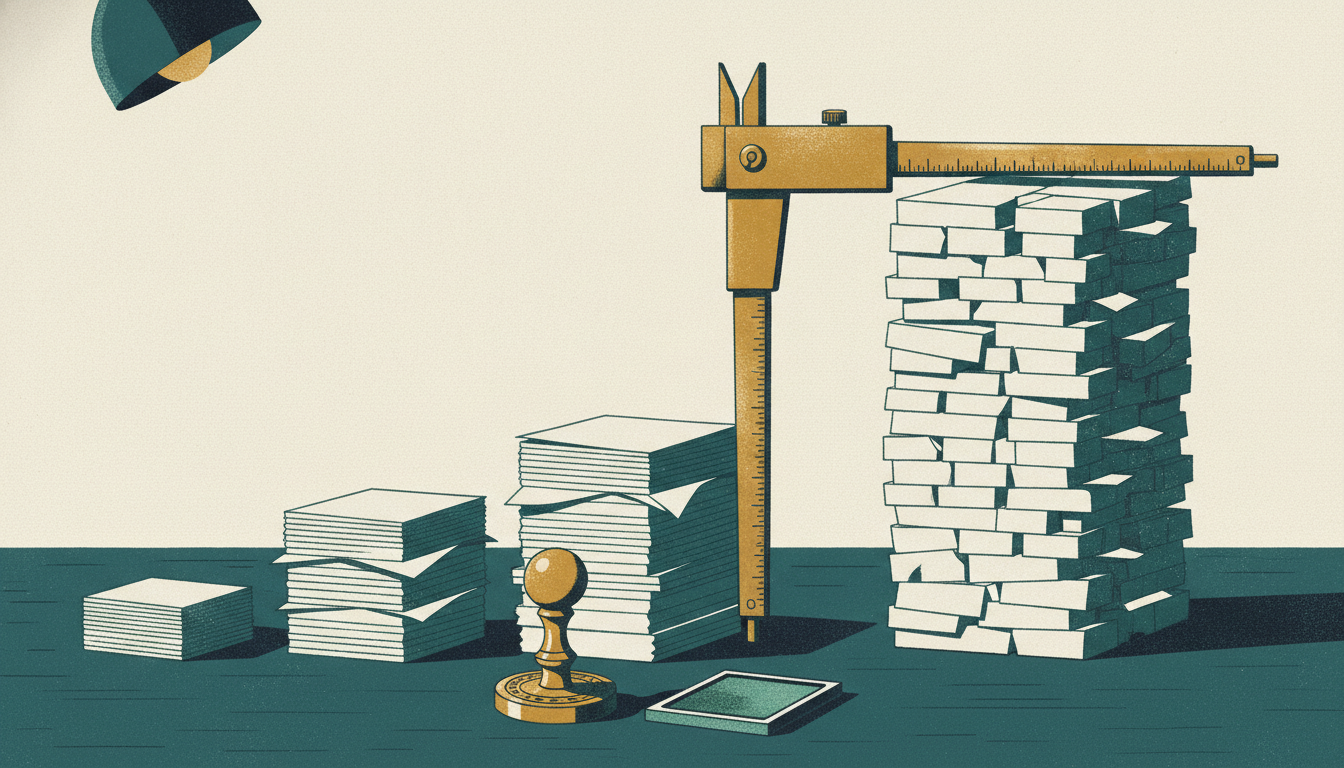 Brass calipers measure tiered stacks of documents beside a heavy inspection seal on a polished desk.