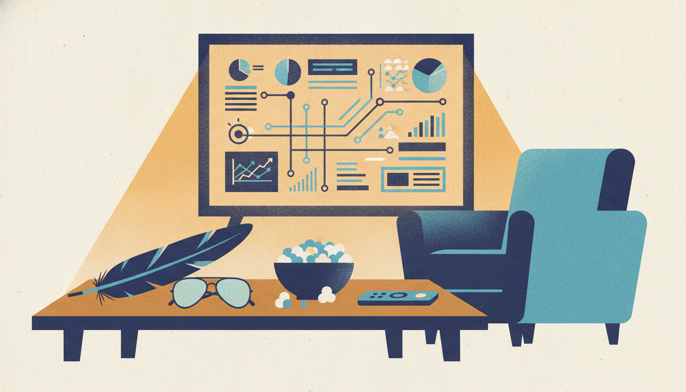 Yellow aviator sunglasses and a tall feather rest beside a bowl of popcorn on a table lit by a glowing television.