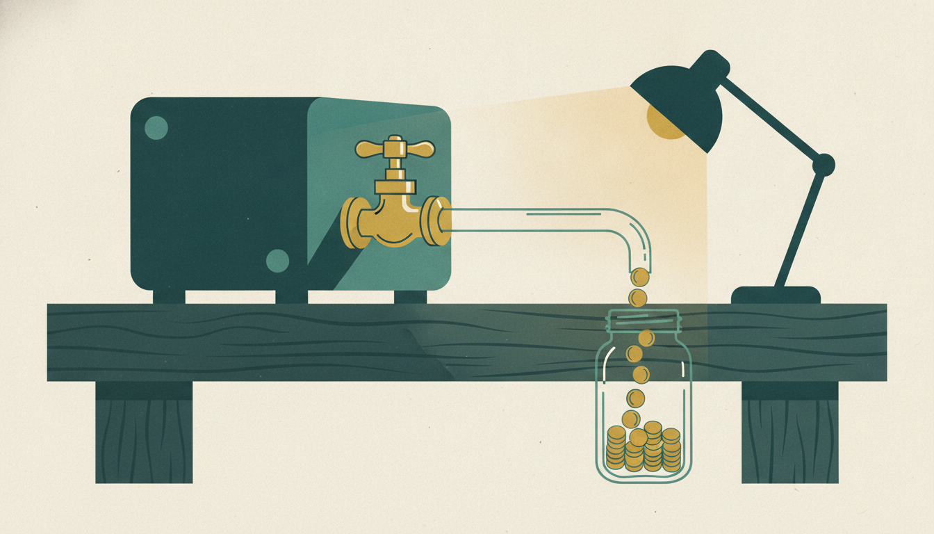 A brass valve on a computer server trickles silver coins through a glass tube into a jar.