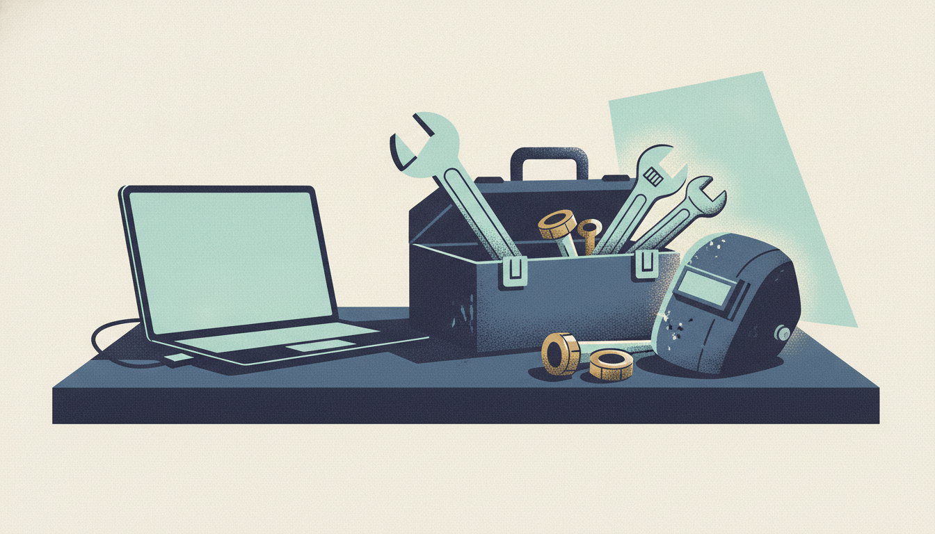 A sleek laptop sits shoved aside on an office desk, replaced by an open steel toolbox and a welding helmet.