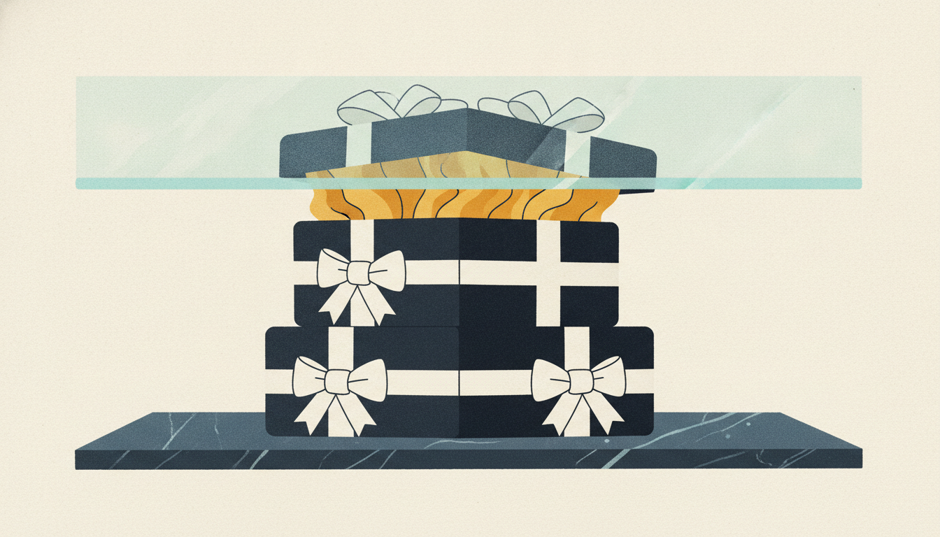 A stack of black luxury gift boxes tied with silk ribbon presses against the underside of a low glass shelf.