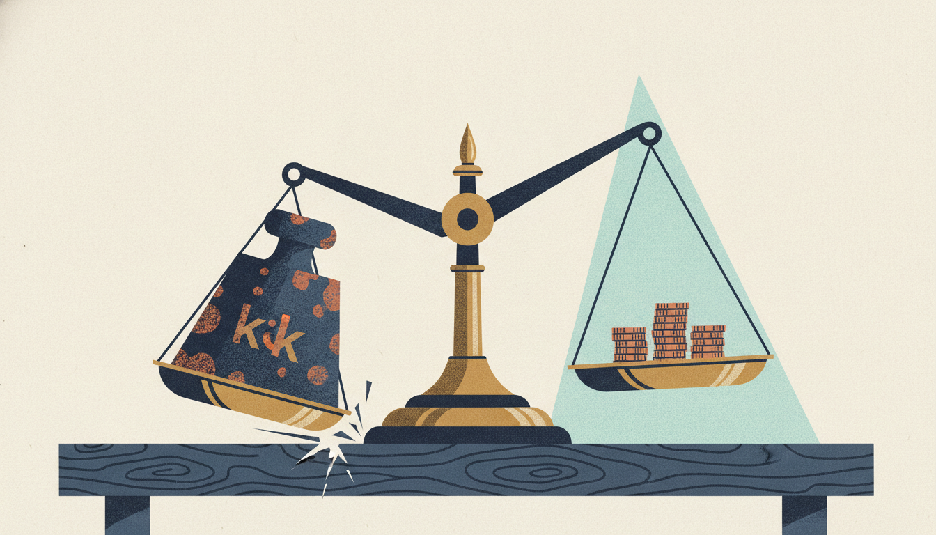 A brass scale tips sharply under a massive iron block, lifting a tiny stack of coins high on the opposite side.