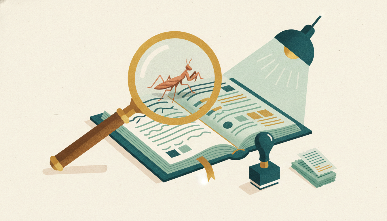 A brass magnifying glass inspects a small copper praying mantis perched on an open accounting ledger.