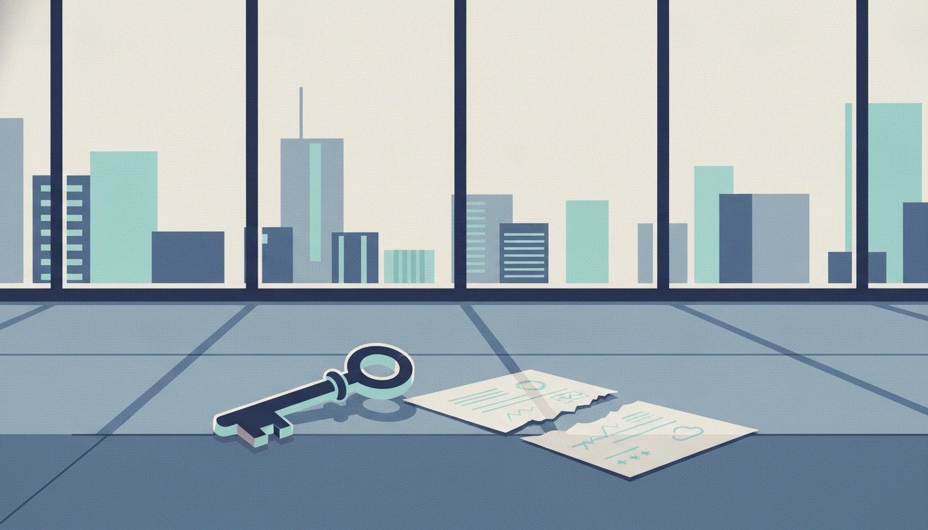 A set of brass keys rests beside a severed contract on the floor of an empty, sunlit office suite.