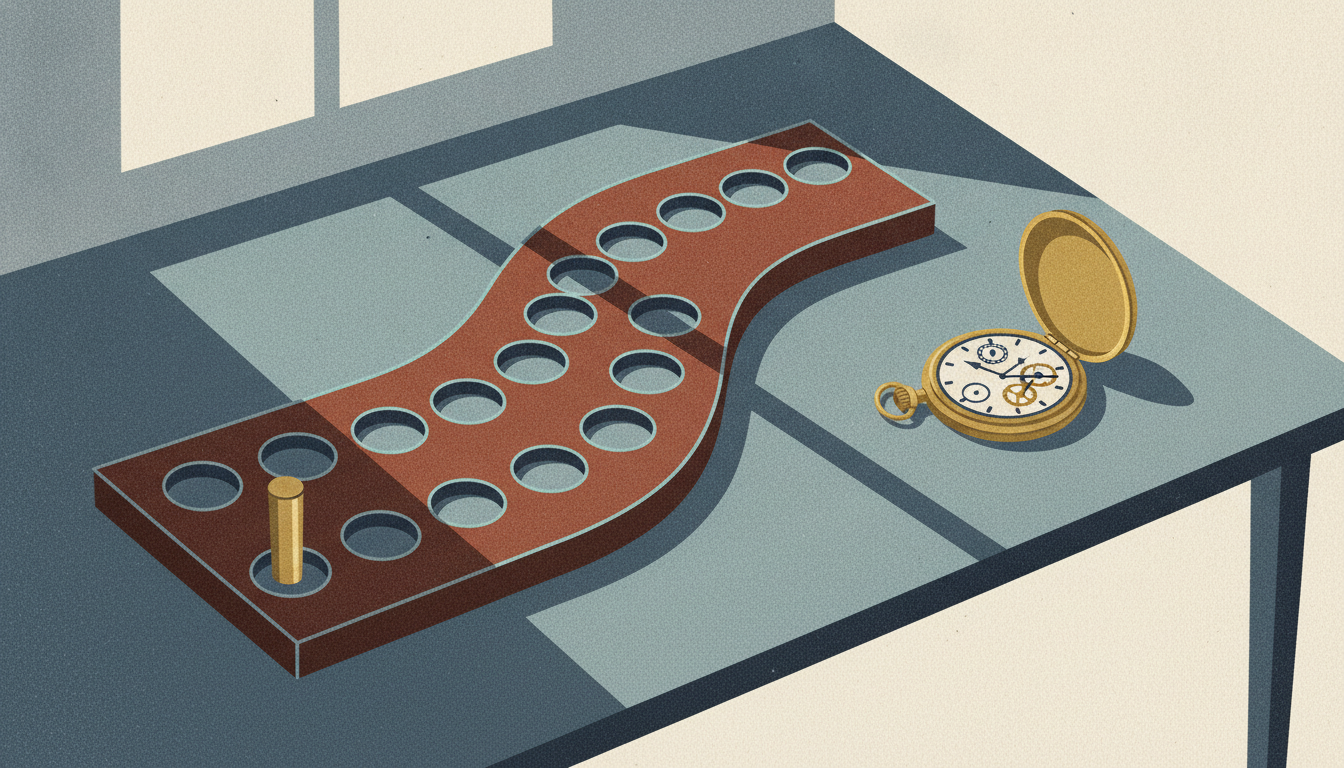 A lone brass peg sits in the first slot of a fifteen-hole wooden tracking board on a desk beside a pocket watch.