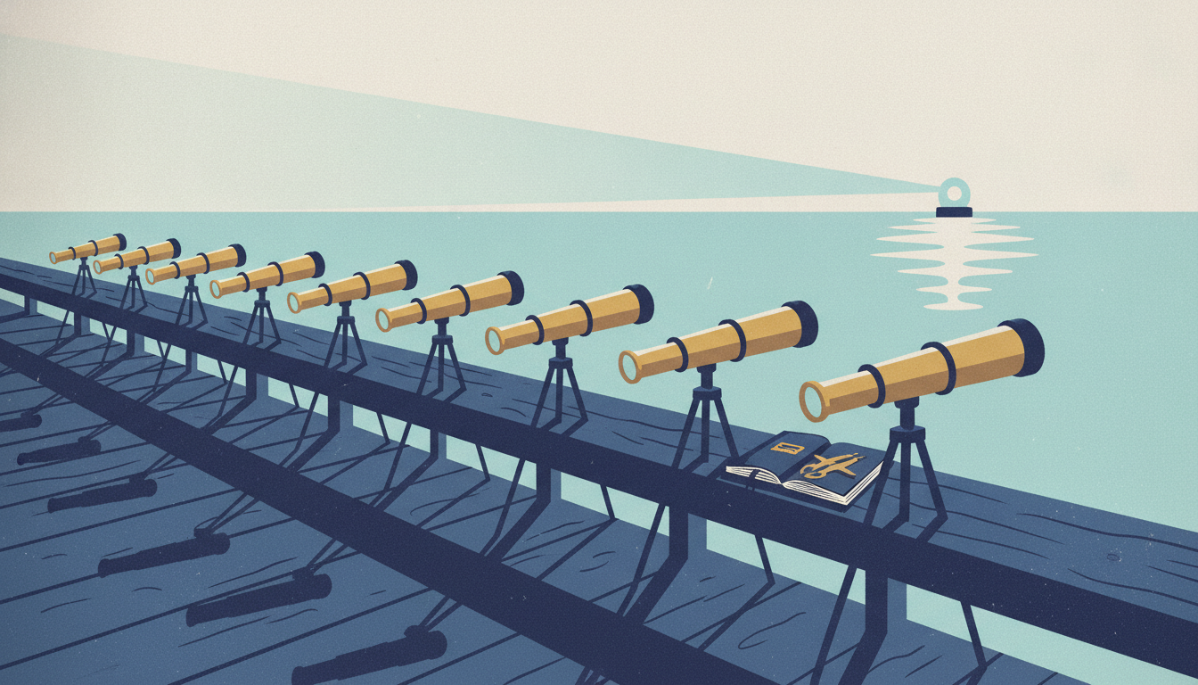 A neat row of brass spyglasses points across a misty sea toward a distant, glowing beacon on the horizon.