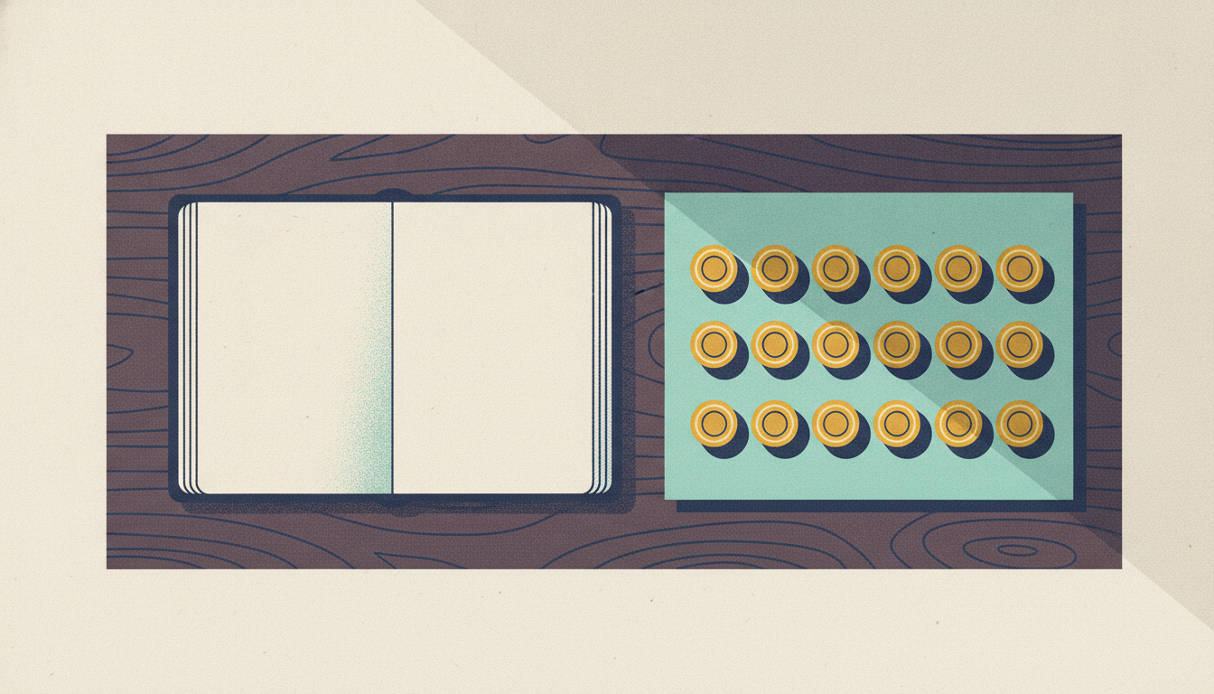 An open blank ledger and fifteen polished brass tokens resting on green felt under soft morning light.