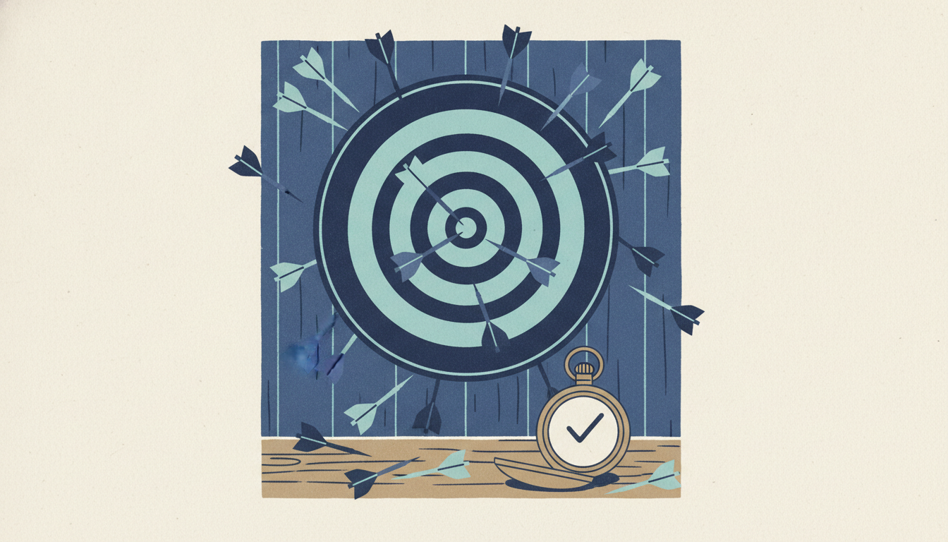 A dartboard with only two darts in the center bullseye while many missed darts clutter the desk below next to a pocket watch.