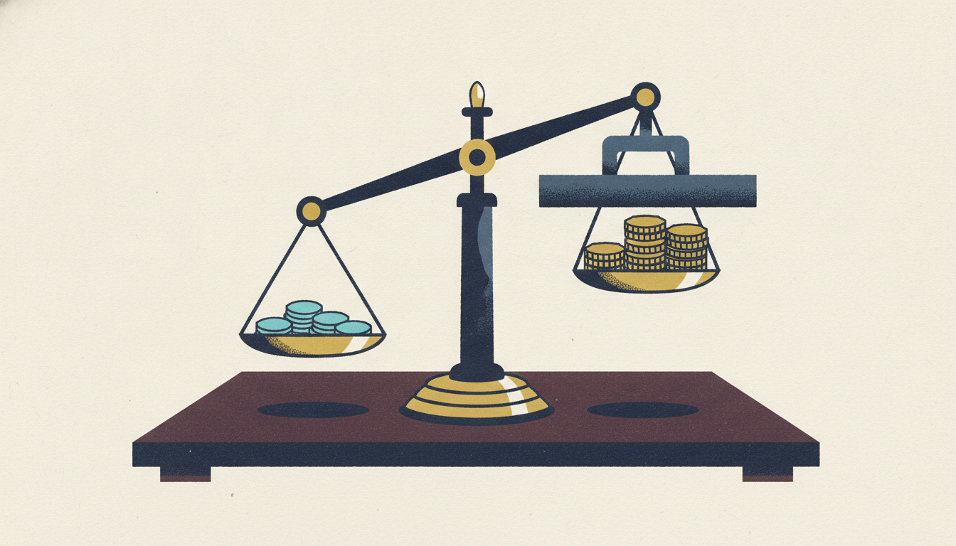 A brass balance scale on a wood desk has its rising pan blocked from tilting further by an iron bar clamped above it.