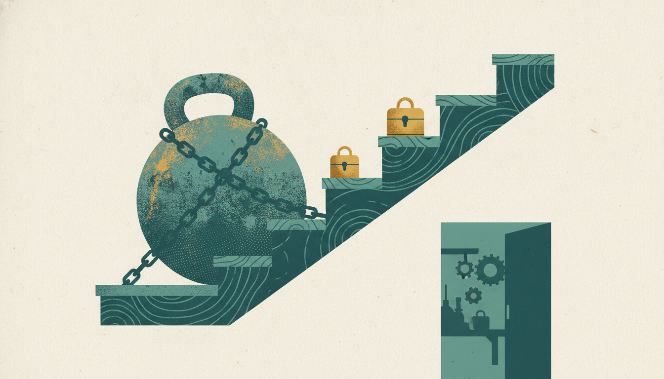 A heavy chained iron weight sits at the top of wooden stairs above three smaller brass lockboxes resting on the lower steps.