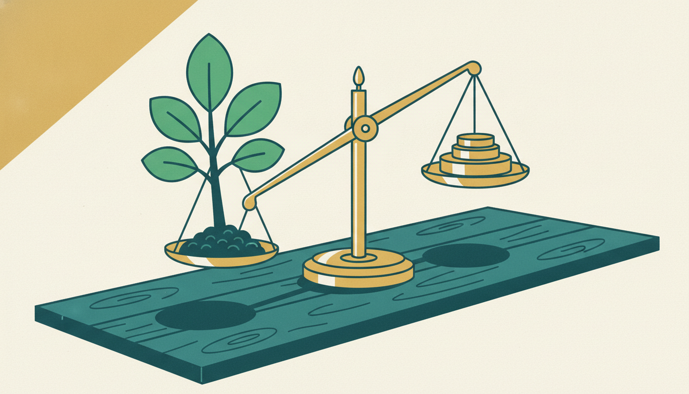 A brass scale balances a green sapling in rich soil against heavy brass weights on a sunny wooden workbench.