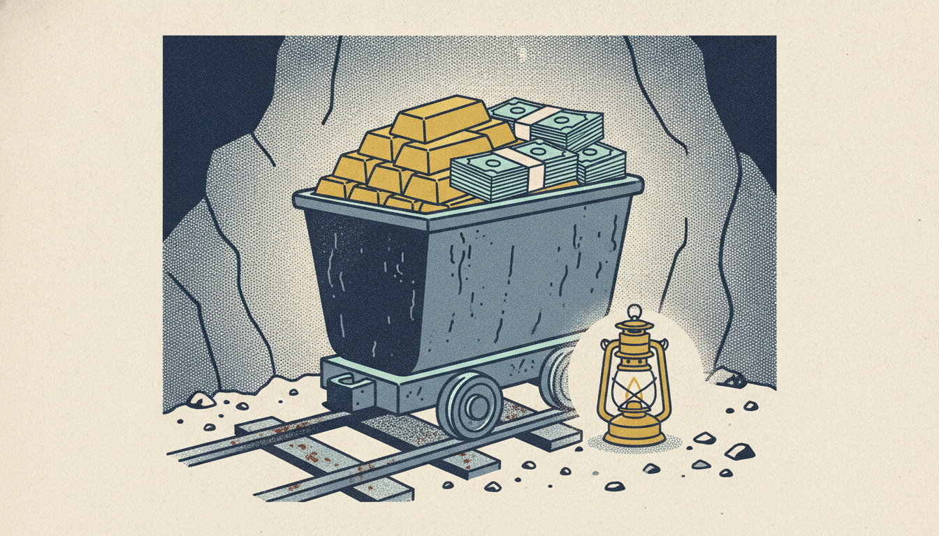 A steel mine cart overflows with gold bars and stacks of cash on a rail track inside a dimly lit cavern.