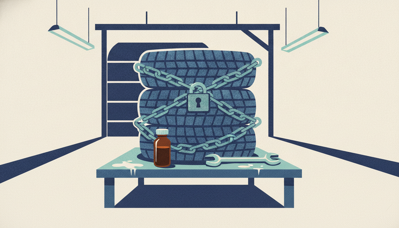 Car tires wrapped in heavy iron chains sit near an amber medicine vial and a lug wrench on a metal workbench.