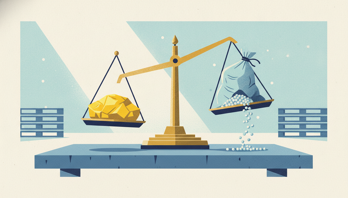 A brass balance scale tilted heavily by a chunk of yellow sulfur rock opposite a limp sack of fertilizer.