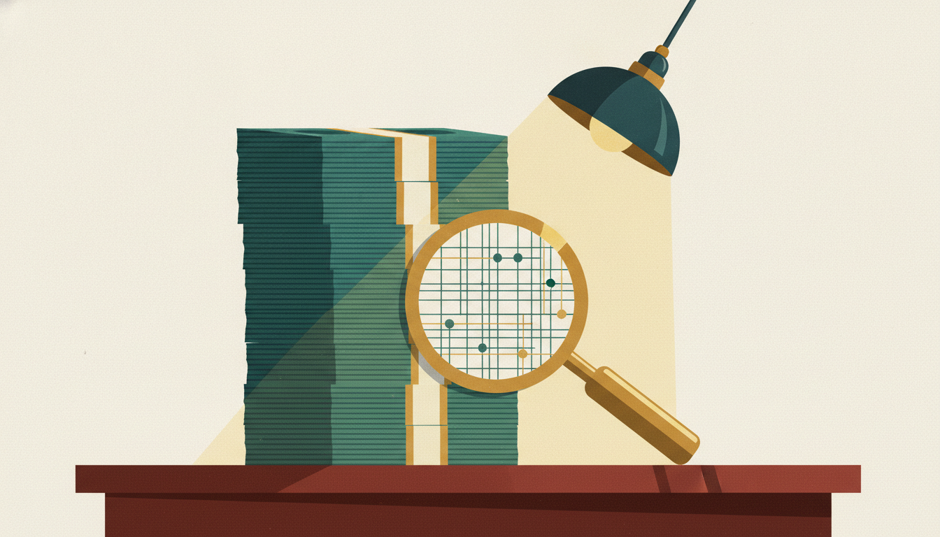A brass magnifying glass leans against a tall stack of paper currency under a harsh desk lamp.