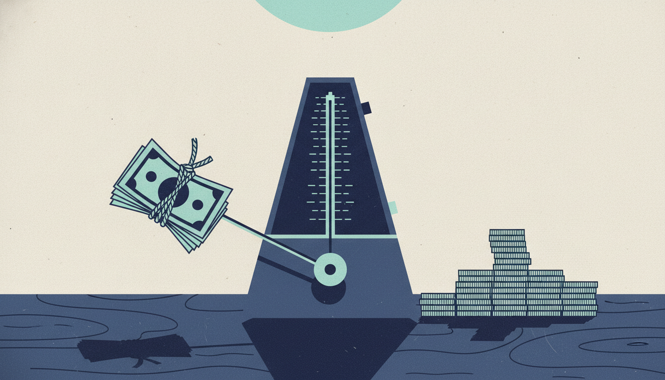 A wooden metronome on a desk with paper money tied to its ticking pendulum beside small stacks of coins.