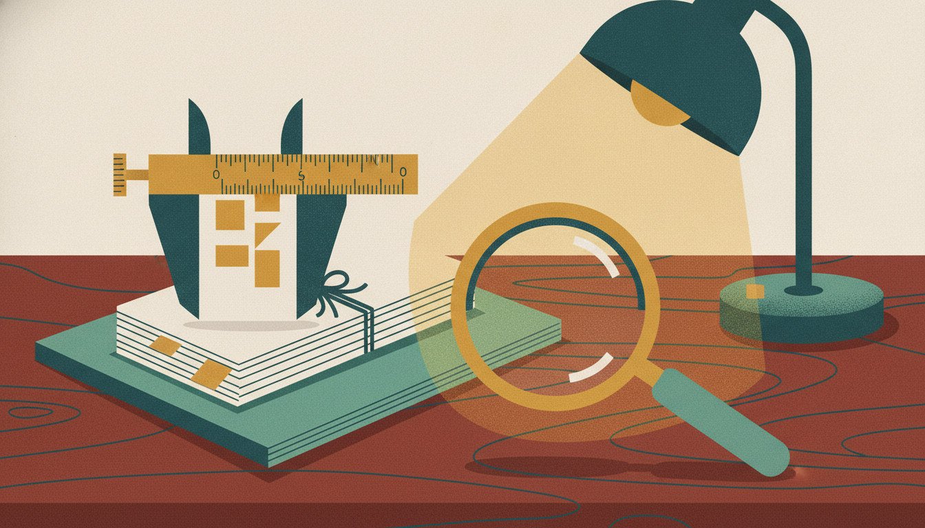 Brass calipers and a magnifying glass sit atop loan papers and an open ledger on a dark wooden desk.