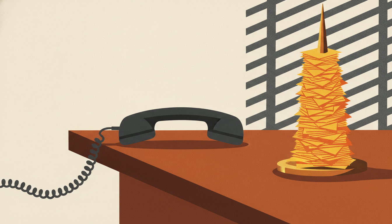 A telephone receiver sits off the hook beside a brass desk spindle crammed with a thick stack of paper slips.