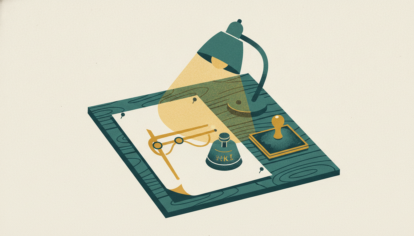 A paper contract rests on a dark desk under a green lamp, measured by sharp brass calipers beside an iron weight.