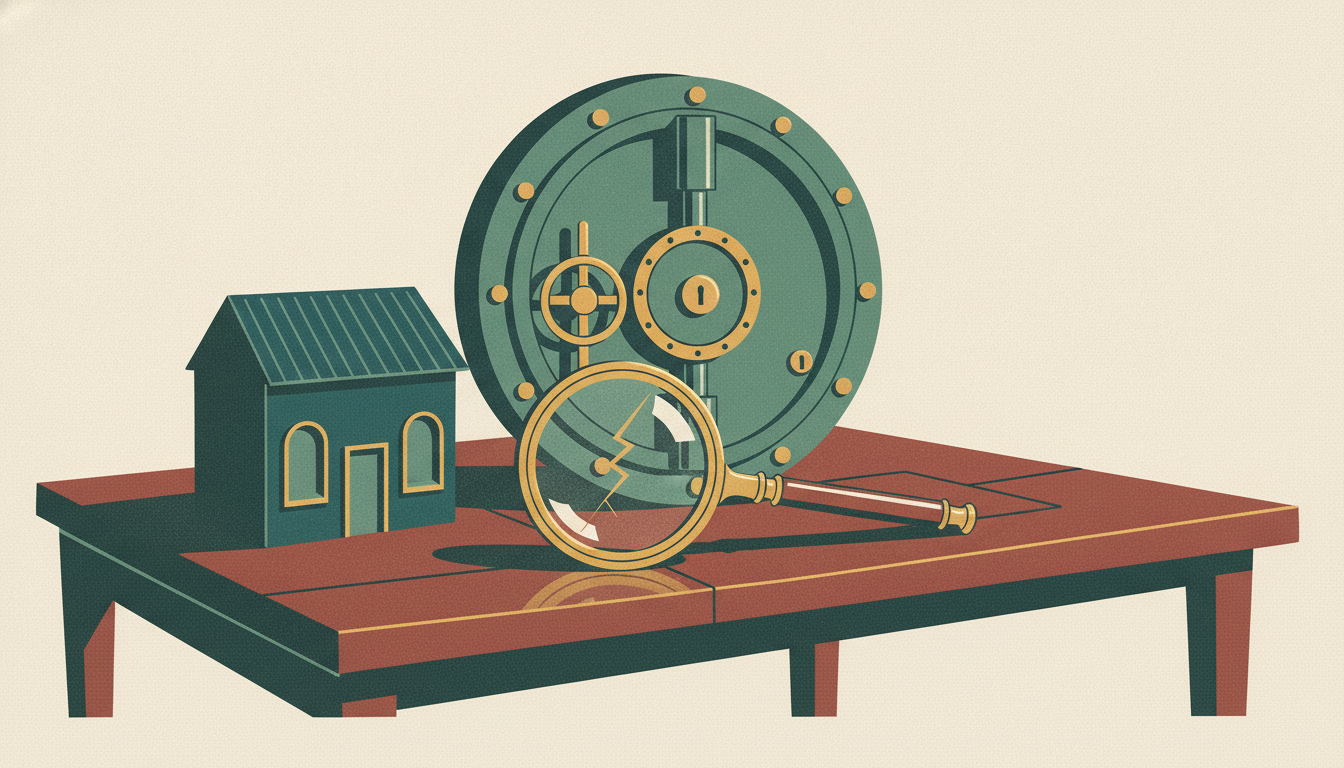 A cracked magnifying glass rests between a miniature storefront and a heavy steel vault door on a wooden desk.