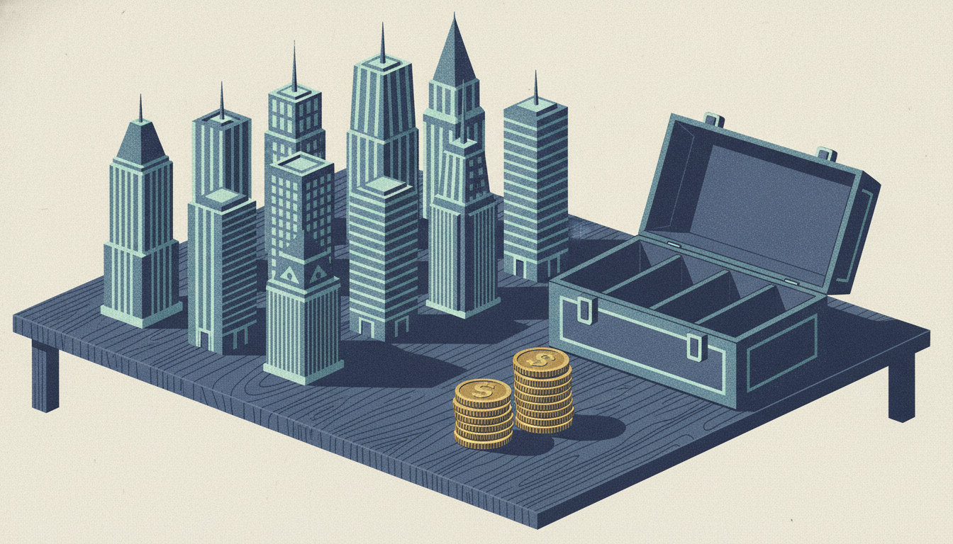 Miniature glass office towers stand on a wooden table beside an open packing crate and a tall stack of brass coins.