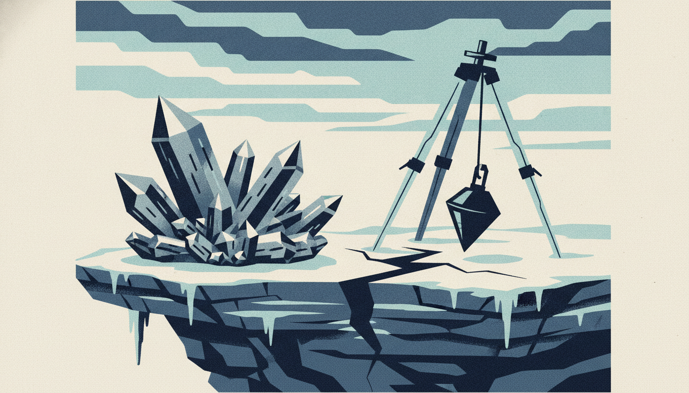 A chunk of silvery mineral ore rests on a cracking icy rock ledge beside a crooked surveyor's plumb bob.