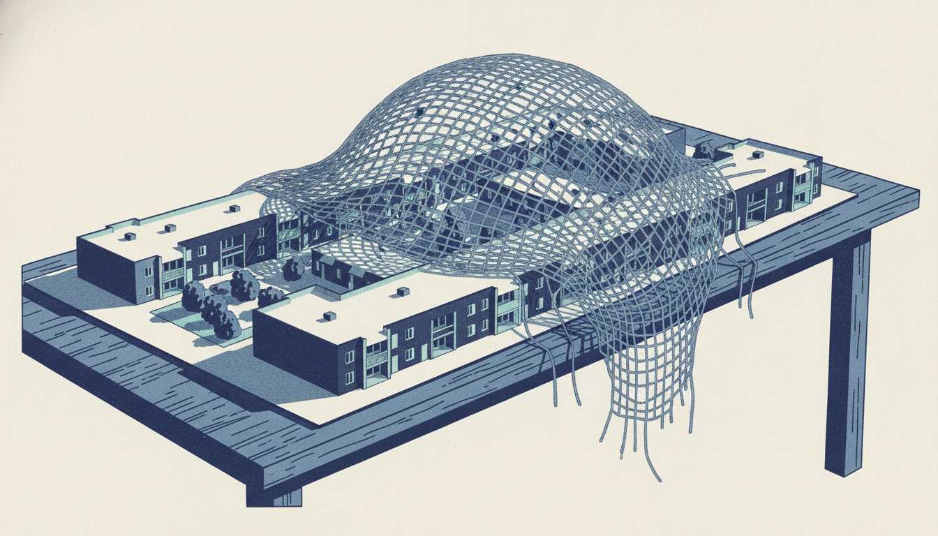 A model apartment complex sits exposed on a wooden table as its protective wire mesh covering frays and unravels.