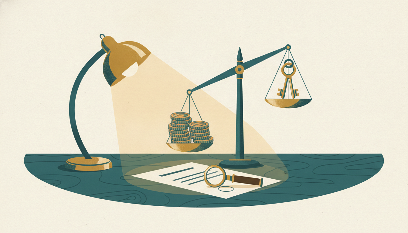 A brass jeweler's loupe rests on a contract beside an uneven balance scale weighed down by a tall stack of copper coins.