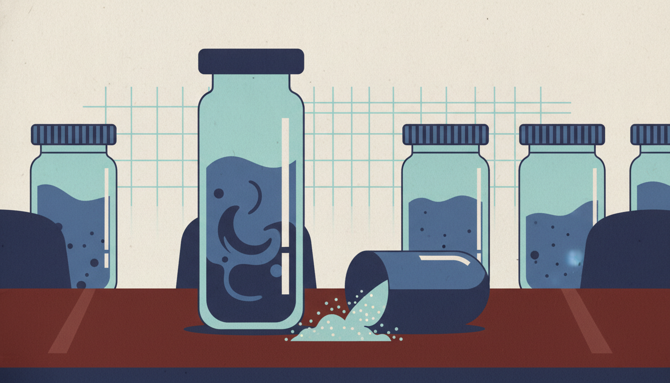 A contaminated water testing vial and a cracked pharmaceutical capsule sit spilled across a polished boardroom table.