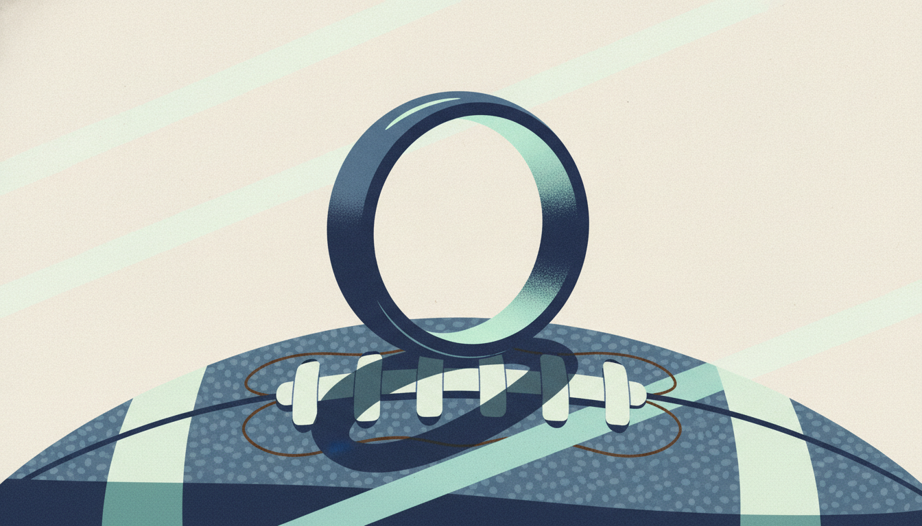 A sleek titanium smart ring rests balanced on the laces of a football under dramatic spotlighting.