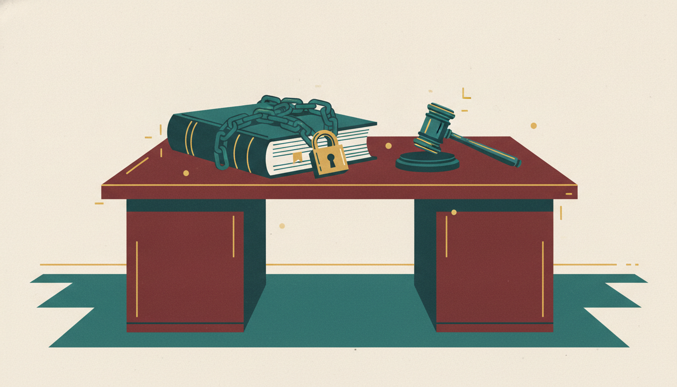 A thick ledger tightly wrapped in heavy iron chains and padlocked on an empty mahogany desk beside a wooden gavel.