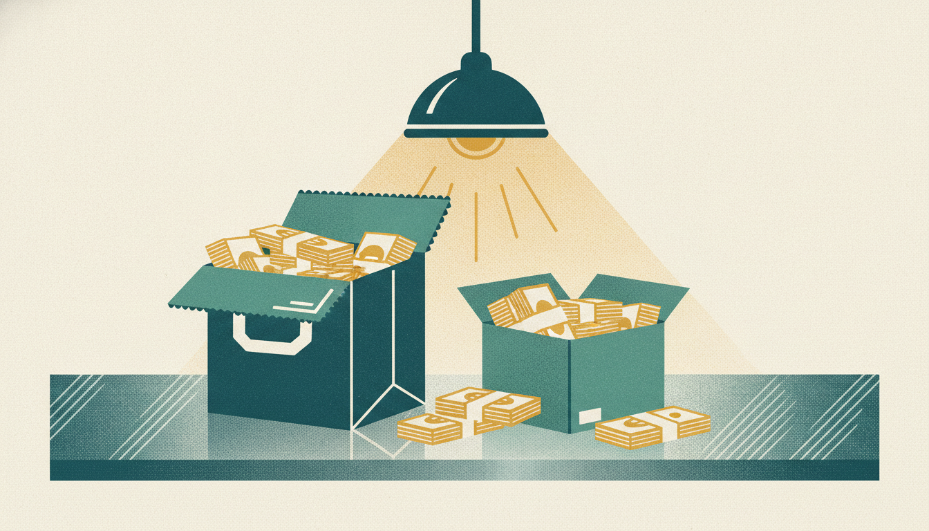 Cash spills out of an open delivery bag and a cardboard shipping box resting on a stainless steel commercial counter.