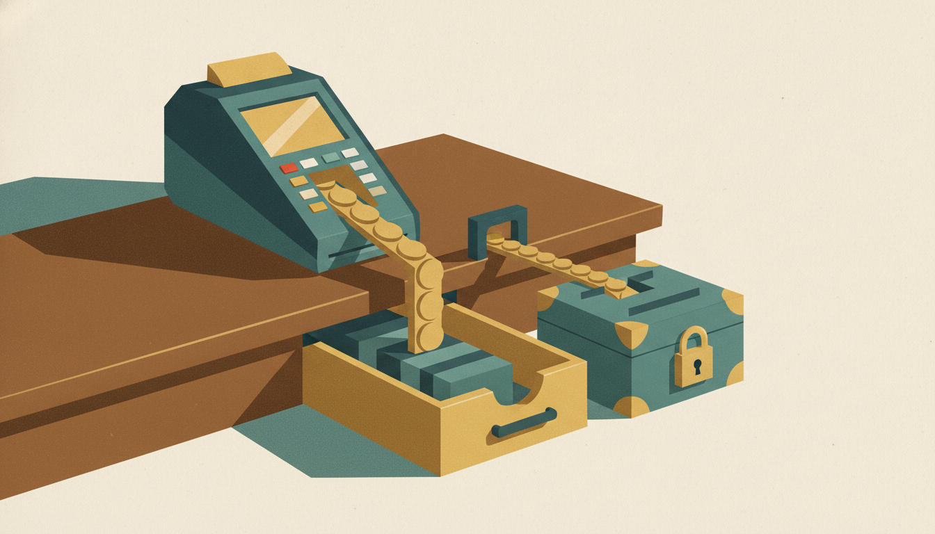A mechanical chute splits a stream of brass coins between an open cash register drawer and a locked steel box.