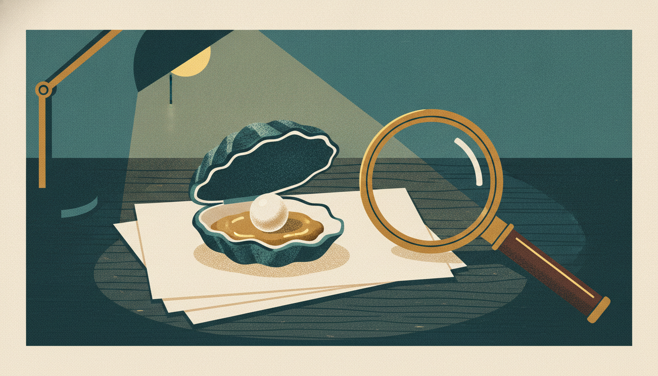 An open oyster shell with a pearl rests on a stack of documents beside a brass magnifying glass on a dark desk.